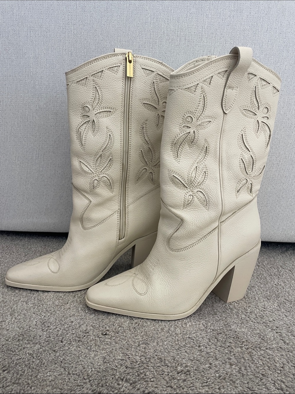 Vince Camuto Cream Embroidered Western Block-Heel Mid-Calf Boots